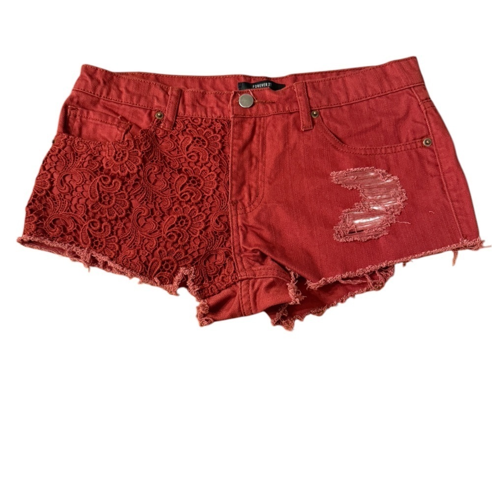 Forever 21 shorts Women Size 28 Maroon Distressed Floral Lace Denim Shorts